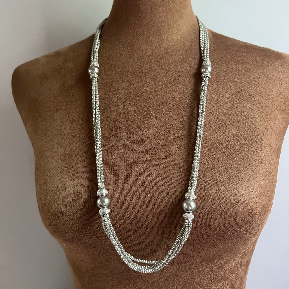 Vtg Premiere Design Silver Tone Mesh Faux  Pearls Necklace Rhinestones 30" Y2K